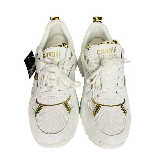 Cavalli class womens Chunky sneakers size 39 white/gold/leopard New - Picture 3 of 9